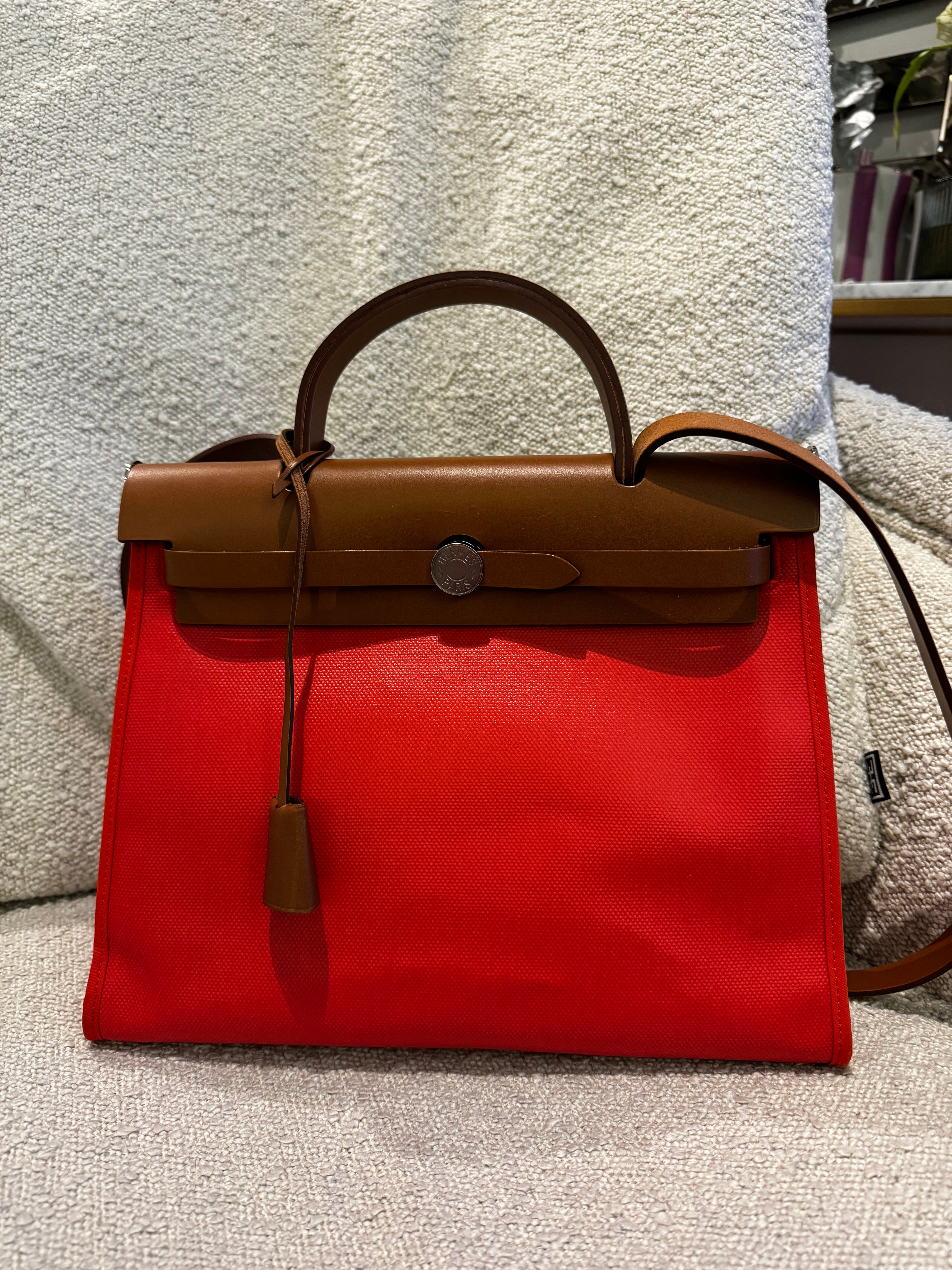 Hermès Herbag Zip 31 Fauve Vache and Orange Mecano Toile PM Palladium Hardware